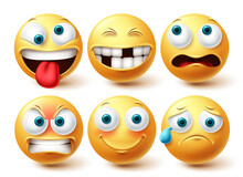 Smiley Funny Emoji Vector Set. Smileys Emoticon Yellow Icon Collection Isolated In White Background For Graphic Elements Design. Vector Illustration
