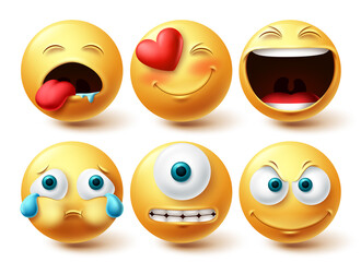 Smiley emoji vector set. Smileys emoticon happy, cute, crying and cyclops eye yellow icon collection isolated in white background for graphic elements design. Vector illustration
