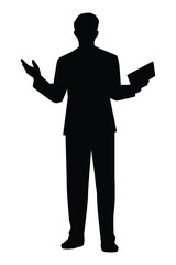 Wall Mural - Presenting businessman with tablet in hand silhouette vector on white background