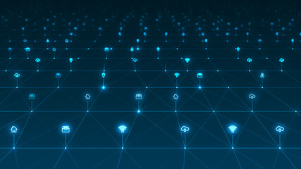 Poster - Blue futuristic technology icon and line linked network connection abstract background concept