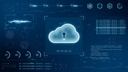 Poster - Blue digital 3D cloud computing logo with head up display ( HUD ) background and futuristic technology abstract background