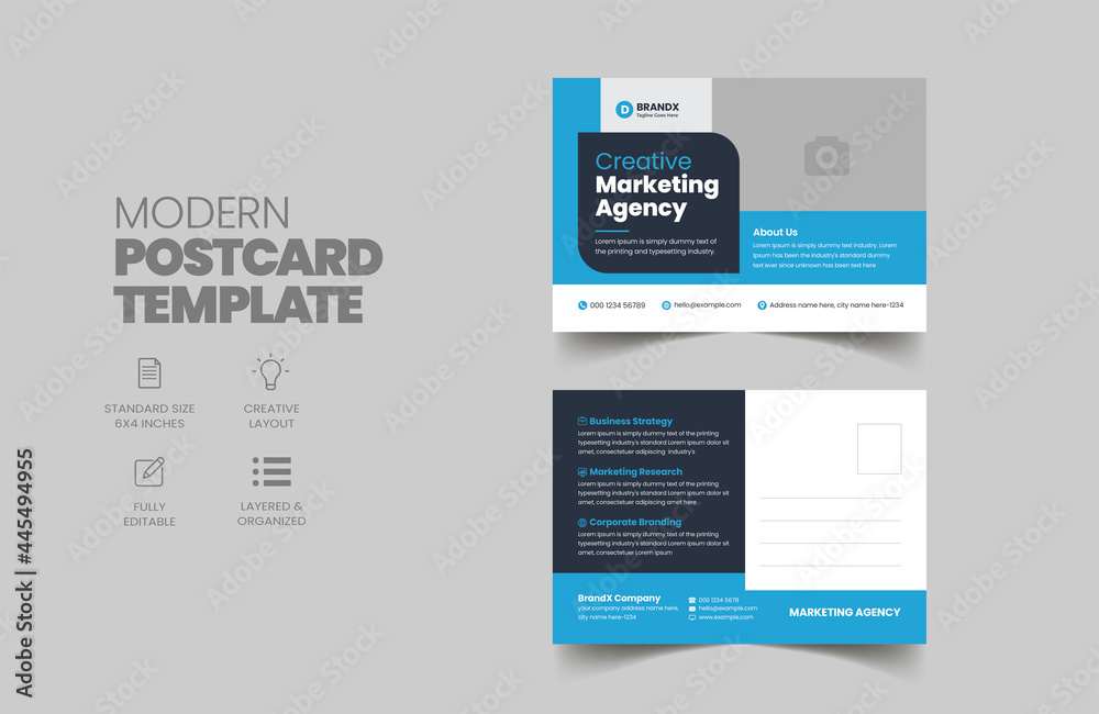 Postcard Example Explaining Elements Corporate Postcard or Eddm postcard design template with blue elements ...