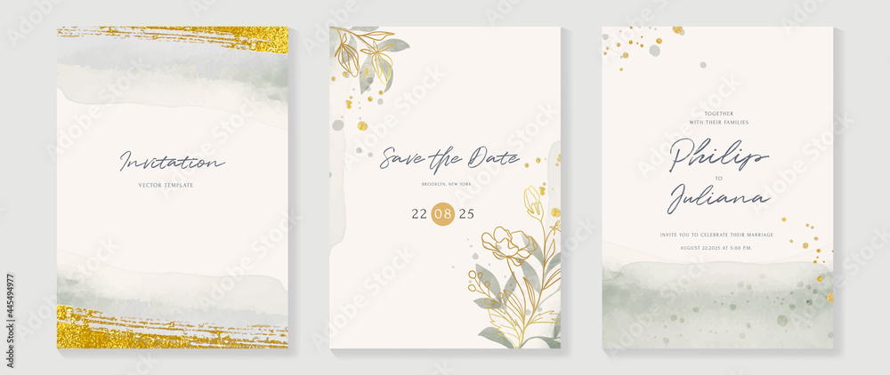 Abstract art background vector. Luxury invitation card background with golden line art flower and botanical leaves, Organic shapes, Watercolor. Vector invite design for wedding and vip cover template. - obrazy, fototapety, plakaty 