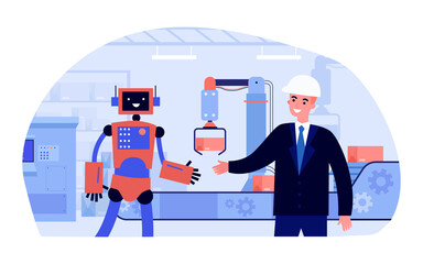 Poster - Man in suit and helmet shaking hands with robot at factory. Flat vector illustration..Robots working in production, industries instead of human. Robotics, labor replacement, human resource concept