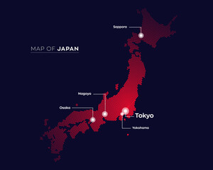 Wall Mural - Abstract vector map of japan with capital and major cities. Dots composition map on dark background. 