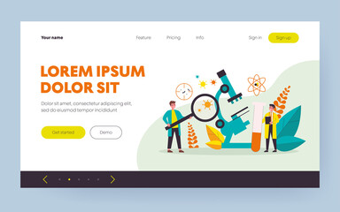  Scientists doing research of coronavirus. Medical lab, doctors, microscope flat vector illustration. Covid test, science, medicine, healthcare concept for banner, website design or landing web page