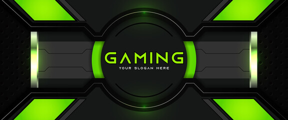 Sticker - Futuristic green and black abstract gaming banner design with metal technology concept. Vector illustration for business corporate promotion, game header social media, live streaming background