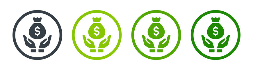 Wall Mural - Hand holding dollar money bag, symbol of savings, earnings, investment and profit. Vector icon illustration.