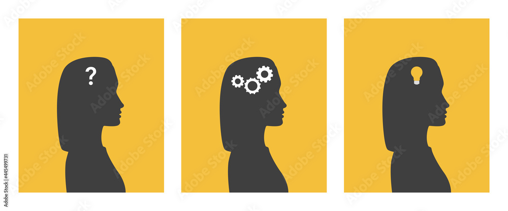 Vetor Set of 3 posters about a problem solution, thinking process and ...
