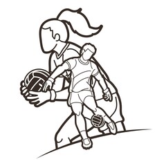 Gaelic Football Male and Female Players Sport Mix Action Cartoon Graphic Vector