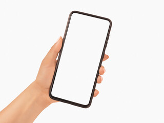 Poster - Woman hand holding black cell phone smartphone with blank white screen and modern frame less design - isolated on white background. Mockup phone. woman hand holding black smartphone