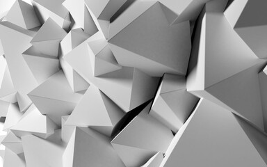 Poster - Abstract background with white 3D shapes flying in the light as a messy array or chaotic structure for any pastel backdrop. 3D illustration.
