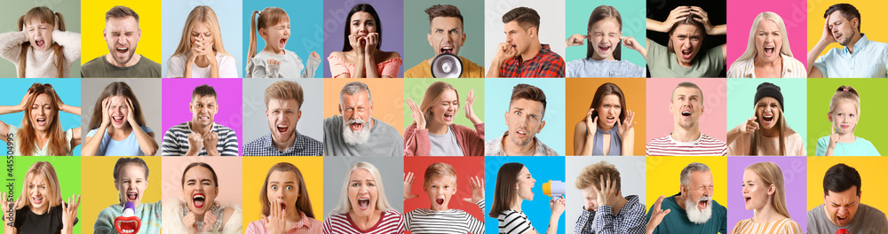 Group of angry people on color background