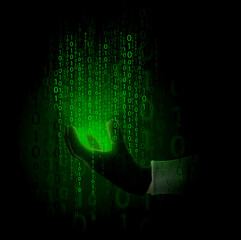 Wall Mural - Hand of hacker with binary code on dark background