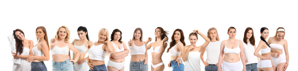 Wall Mural - Group of body positive women on white background