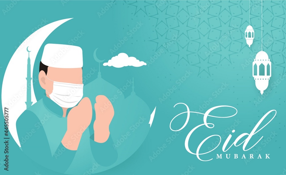 Eid Mubarak greeting card design at COVID 19 situation.Elegant vector background with flat illustration  - obrazy, fototapety, plakaty 