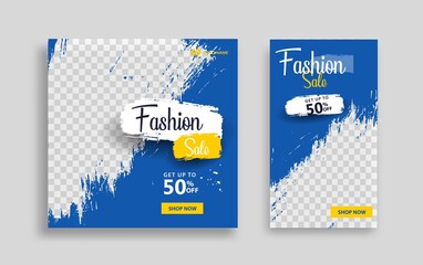 Wall Mural - Fashion sale Editable minimal square banner template. Blue background color with geometric shapes for social media post, story and web internet ads. Vector illustration