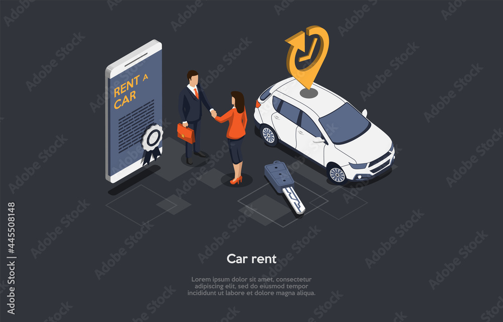 Vector Illustration, Car Rent Concept. Isometric 3D Composition, Cartoon Style. Vehicle Livery Service, Business Strategy, Daily Pay. Characters Shaking Hands. Smartphone With Information On Screen - obrazy, fototapety, plakaty 