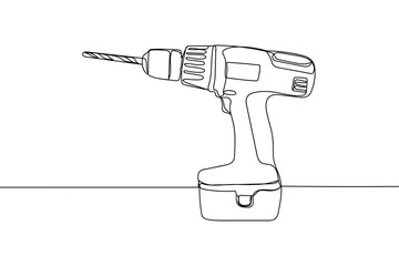 Continuous one line of cordless screwdriver with a drill in silhouette on a white background. Linear stylized.Minimalist.