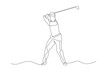 Single continuous line drawing of young happy golf player swing the golf club to hit the ball. Hobby sport concept. Trendy one line draw design vector illustration for golf tournament promotion media