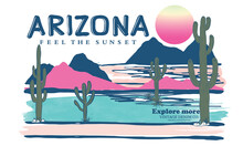 Arizona Landscape Hand Drawing Sketch. Desert Vibes Colorful Artwork For T Shirt.