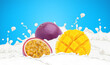 Cutted mango and passion fruit in milk splashes isolated on a blue background.