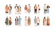 Set of Arab Muslim couples. Modern Arabian people in traditional hijabs and trendy clothes. Saudi man and woman. Colored flat vector illustration of Islamic characters isolated on white background