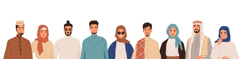 Team of modern Arab Muslim people. Group portrait of Arabian man in headwear and woman in hijab. Happy smiling Islamic male and female characters. Flat vector illustration isolated on white