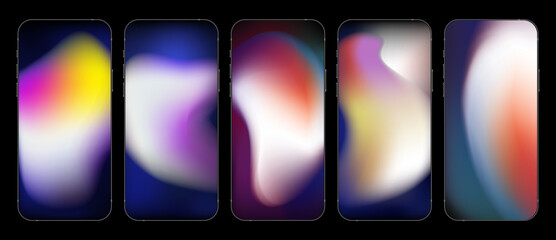 Set of Five Gradient Liquid Background for Stories in Social Media. Realistic Template on Smartphone. Vector illustration
