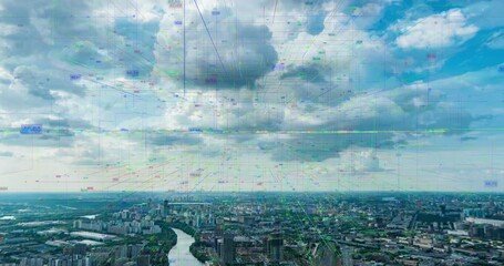Poster - Smart City Aerial Drone Footage Hologram Information Arches Forming During Network Communication Futuristic Network and Technology 5G Drone Low Light 4k. Video loop, time lapse