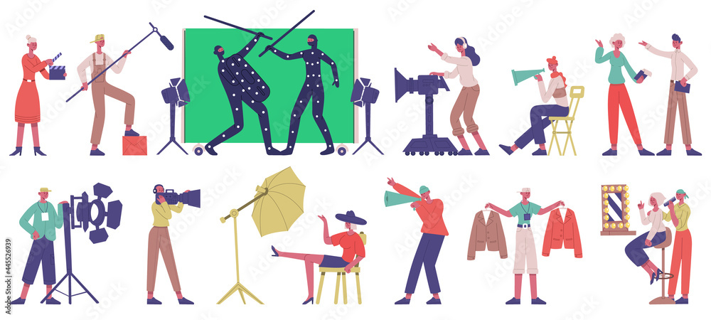 Movie production. Cinema filming shooting locations, actors and film director in movie production process vector illustration set. Film production crew - obrazy, fototapety, plakaty 