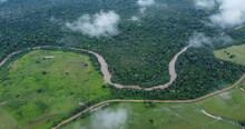 Aerial View Of Amazon Rainforest In Brazil, South America. Green Forest. Bird's-eye View.