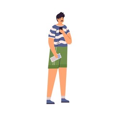 Wall Mural - tourist standing with guide and mobile phone and taking photo at excursion. man traveling with map a