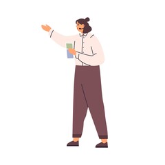 Wall Mural - tour guide leading sightseeing trip, showing and pointing at smth during excursion. woman with mic a