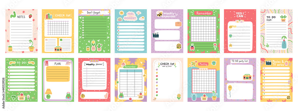 Daily note planners. Weekly scheduler, to do list, note paper or organiser sheets with hand drawn stickers vector illustration set. Cute doodle daily planner - obrazy, fototapety, plakaty 