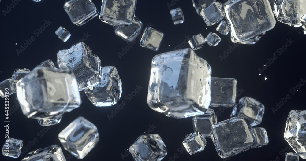 Amazing scene of ice cubes falling in super slow motion. Ice cubes falling on white background. Ice crystals. Sugar crystals. Glass blocks. 3D Render. - obrazy, fototapety, plakaty 