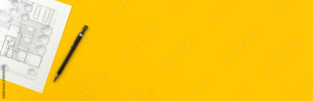 Banner construction and architect design concept. Residential building drawings and architectural blueprint on business desktop with pen. Yellow background and top view photo with copy space - obrazy, fototapety, plakaty 