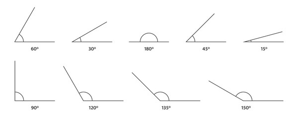 angle icons set. 150, 135 120, 90 180 60, 45 30, 15 degree measure. math geometric design element. t