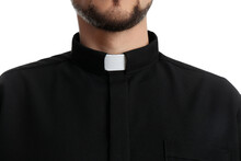 Priest Wearing Cassock With Clerical Collar On White Background, Closeup