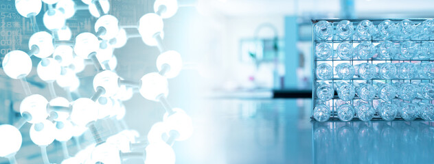 Wall Mural - glass test tube with chemical molecular structure in science lab banner background.