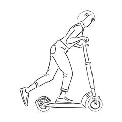 Wall Mural - Continuous line woman rides an electric scooter with raised leg