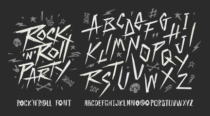 Poster - Rock n roll vintage sign and grunge style font alphabet vector template. Set of Rock n roll doodle style symbols collection for print stump tee and poster design. Rock music type font