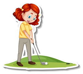 Wall Mural - Cartoon character sticker with a girl playing golf