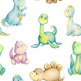 Dinosaurs, different colors, in a cartoon style. Watercolor seamless pattern on an isolated background. Prehistoric animals, for printing on fabric, digital paper, for children.