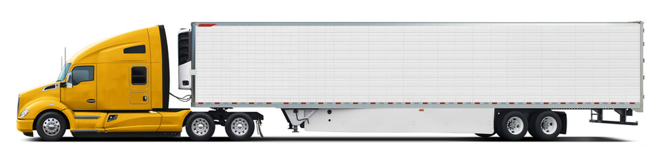 Wall Mural - A large modern American truck with a white trailer and a yellow cab. Side view isolated on white background.