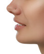 © New Africa - Young woman with nose piercing on white background, closeup