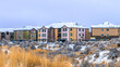 Pano Colorful and big buildings with the white sky as the background