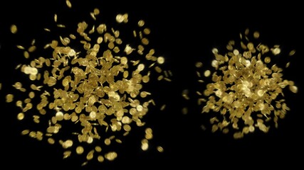 Explosion moment of gold coins with dollar sign on black background