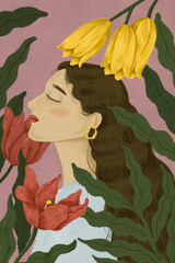 Wall Mural - Beautiful woman surrounded by nature illustration