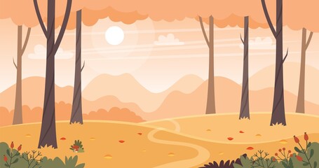 Autumn landscape with trees, fields and hills. Countryside landscape. Vector illustration in flat style